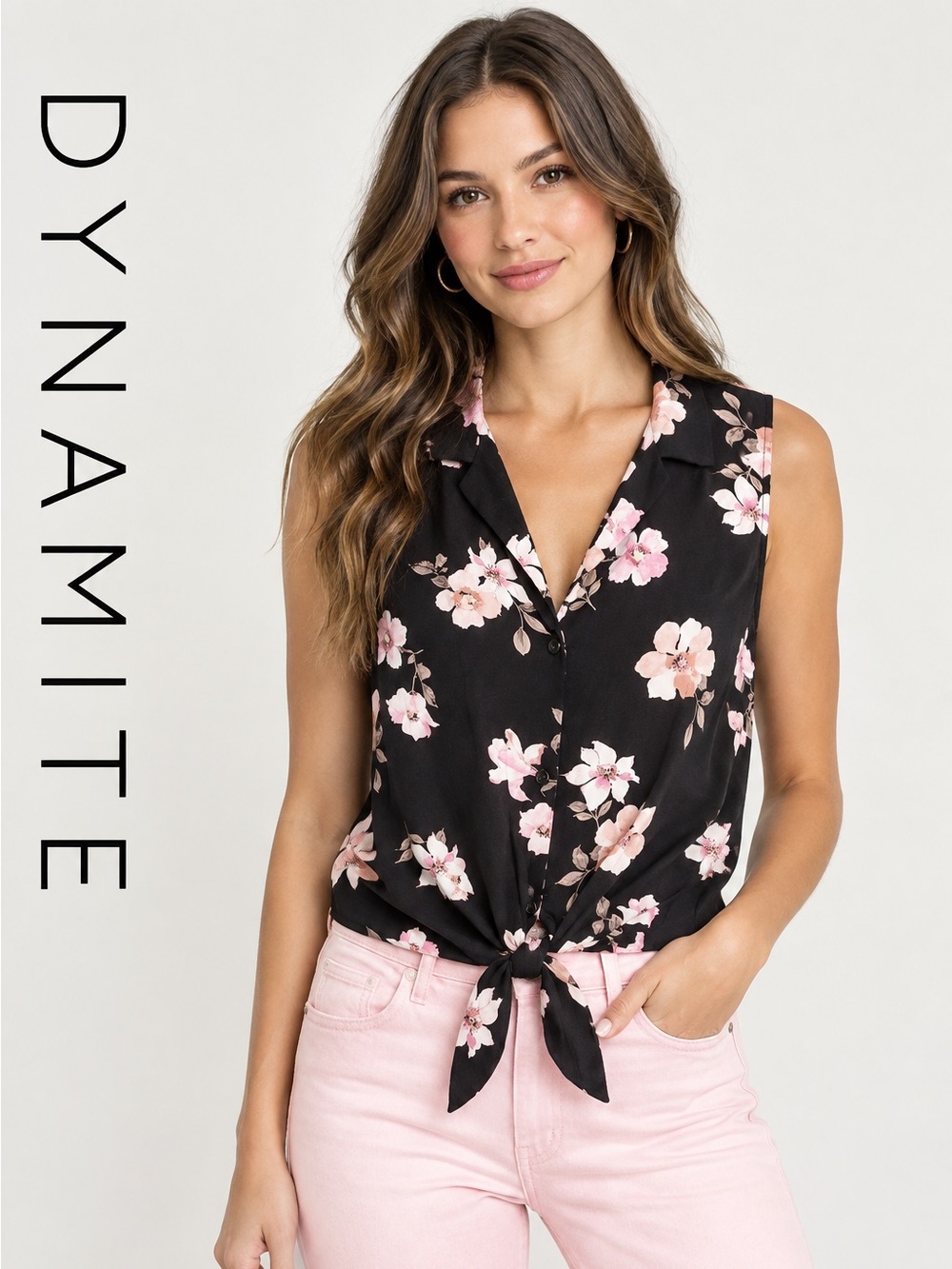 Dynamite Black Floral Tie-Front Sleeveless Button-Down Top